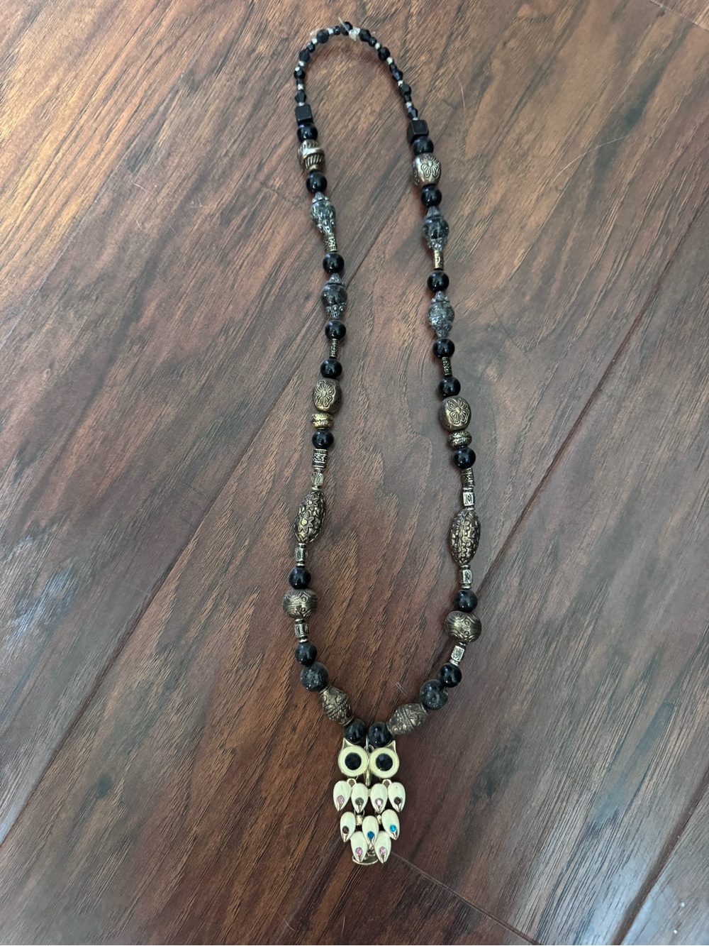 Vintage Handmade Black and Gold Owl Pendant Necklace